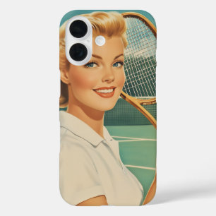 Illustration einer Tennisfrau aus den 1950er Jahre iPhone 16 Hülle
