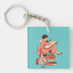 Illustration einer Vintage-Buchliebhaberin beim Le Schlüsselanhänger