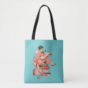 Illustration einer Vintage-Buchliebhaberin beim Le Tasche