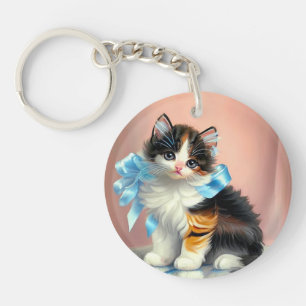 Illustration einer Vintage Calico Katze Schlüsselanhänger