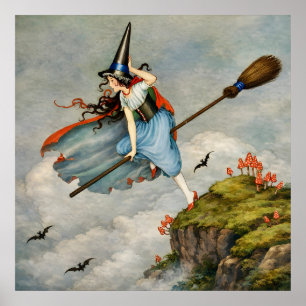 Illustration einer Vintage-Hexe im Flug   Cottagec Poster