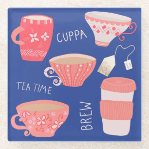 Illustration einer Vintage-Teetasse und Teekanne Glasuntersetzer