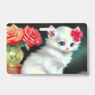 Illustration einer weißen Katze im Vintage-Stil mi Ausweis