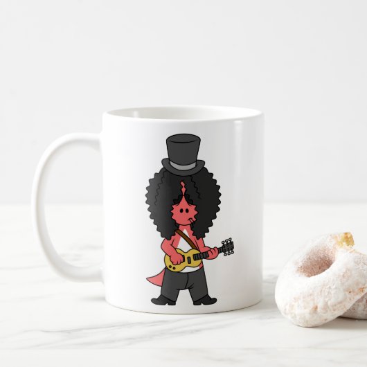 Illustration eines Allosaurus, der als Rockstar ve Kaffeetasse (Mit Donut)