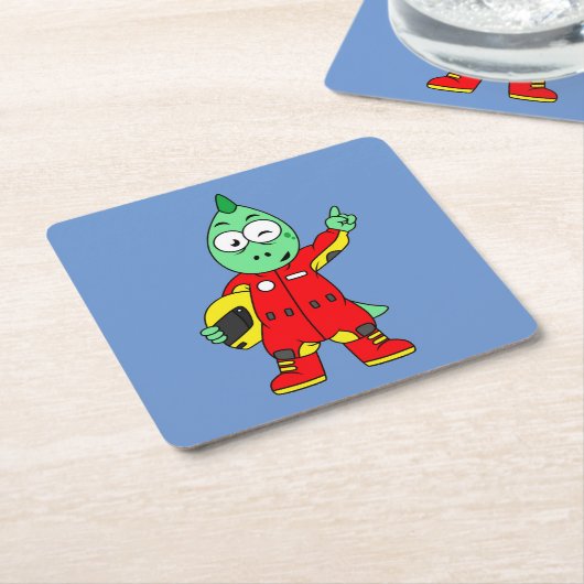 Illustration eines Allosaurus Rennfahrers. Rechteckiger Pappuntersetzer (angewinkelt)