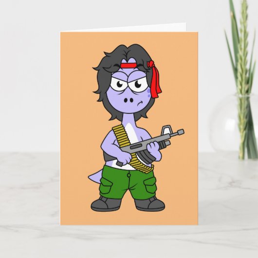 Illustration eines als Rambo verkleideten Brontosa Karte (Vorderseite)