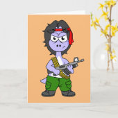 Illustration eines als Rambo verkleideten Brontosa Karte (Gelbe Blume)