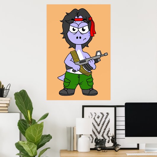 Illustration eines als Rambo verkleideten Brontosa Poster (Heimbüro)