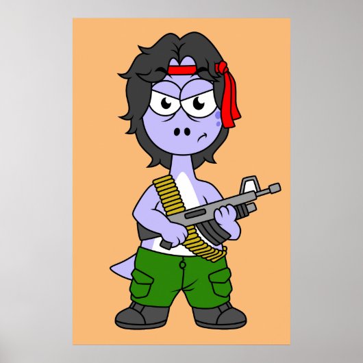 Illustration eines als Rambo verkleideten Brontosa Poster (Vorne)