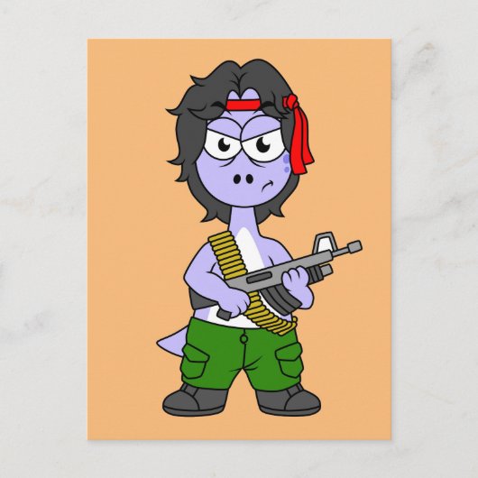 Illustration eines als Rambo verkleideten Brontosa Postkarte (Vorderseite)