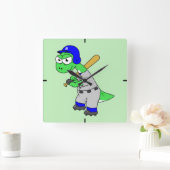 Illustration eines Brontosaurus Baseball-Spielers. Quadratische Wanduhr (Zuhause)