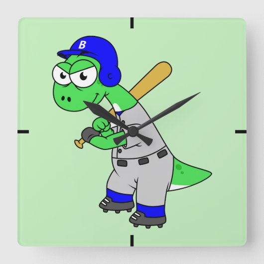 Illustration eines Brontosaurus Baseball-Spielers. Quadratische Wanduhr (Vorderseite)