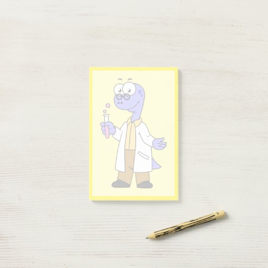 Illustration eines Brontosaurus-Chemisten. Post-it Klebezettel (Auf Schreibtisch)