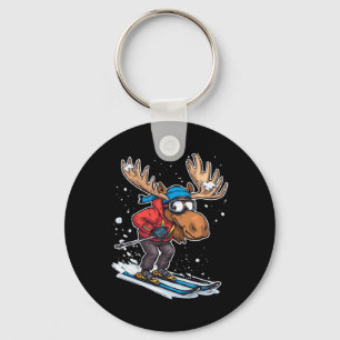 Illustration eines Cartoon-Elchs beim Skifahren im Schlüsselanhänger