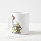 Illustration eines Cartoon Raptor Poet Denken. Kaffeetasse (Vorderseite Links)