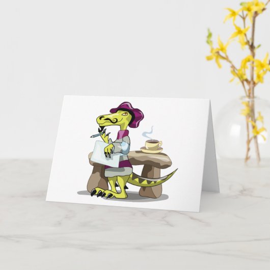 Illustration eines Cartoon Raptor Poet Denken. Karte (Gelbe Blume)