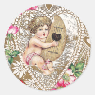 Illustration eines Cherubs, der Harfe spielt Runder Aufkleber