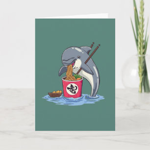 Illustration eines Delphins, der Ramen isst Karte