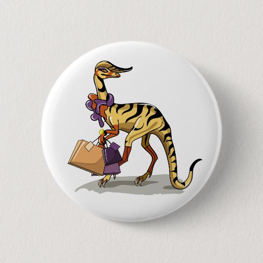Illustration eines Iguanodon mit Einkaufstaschen. Button (Vorderseite)