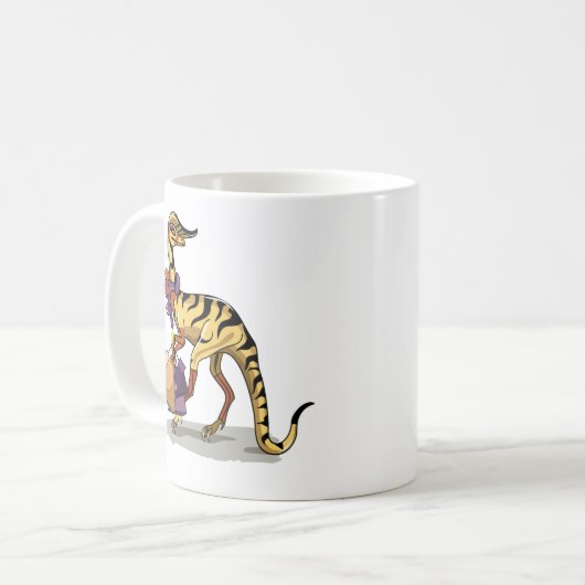 Illustration eines Iguanodon mit Einkaufstaschen. Kaffeetasse (Vorderseite Links)