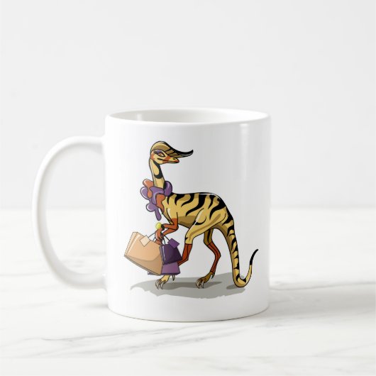 Illustration eines Iguanodon mit Einkaufstaschen. Kaffeetasse (Links)