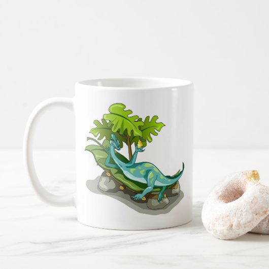 Illustration eines Iguanodon-Sonnenbades. Kaffeetasse (Mit Donut)