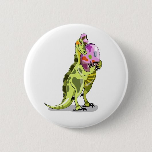 Illustration eines Lambeosaurus, der ein Ei hält. Button (Vorderseite)