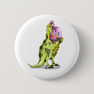 Illustration eines Lambeosaurus, der ein Ei hält. Button
