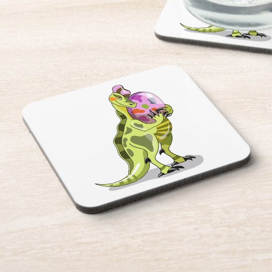 Illustration eines Lambeosaurus, der ein Ei hält. Getränkeuntersetzer (Linke Seite)