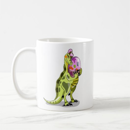 Illustration eines Lambeosaurus, der ein Ei hält. Kaffeetasse (Links)