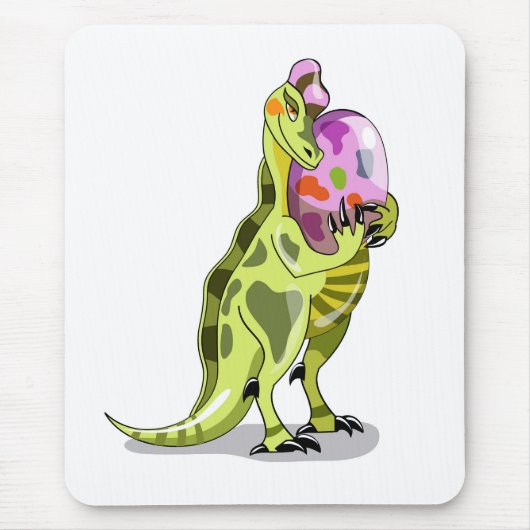 Illustration eines Lambeosaurus, der ein Ei hält. Mousepad (Vorne)