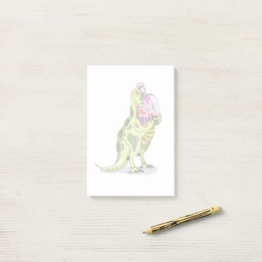 Illustration eines Lambeosaurus, der ein Ei hält. Post-it Klebezettel (Auf Schreibtisch)