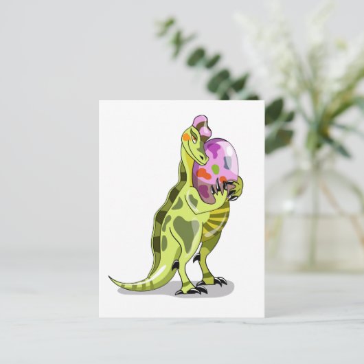 Illustration eines Lambeosaurus, der ein Ei hält. Postkarte (Stehend Vorderseite)