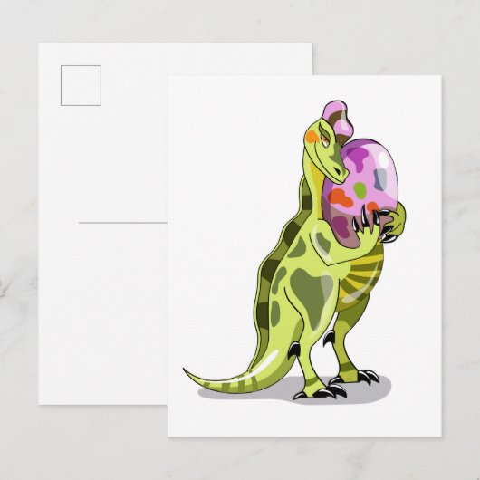 Illustration eines Lambeosaurus, der ein Ei hält. Postkarte (Vorne/Hinten)