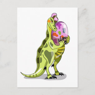 Illustration eines Lambeosaurus, der ein Ei hält. Postkarte