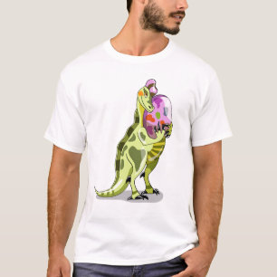 Illustration eines Lambeosaurus, der ein Ei hält. T-Shirt