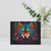 Illustration eines mystischen Wolfes mit Blumen Postkarte (Stehend Vorderseite)