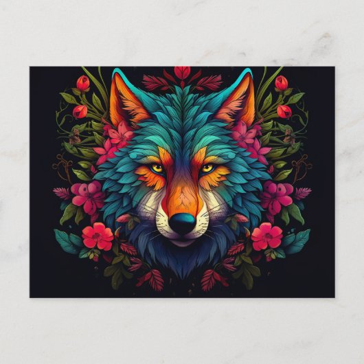 Illustration eines mystischen Wolfes mit Blumen Postkarte (Vorderseite)