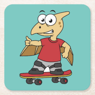 Illustration eines Pterosaurus Skateboarding. Rechteckiger Pappuntersetzer