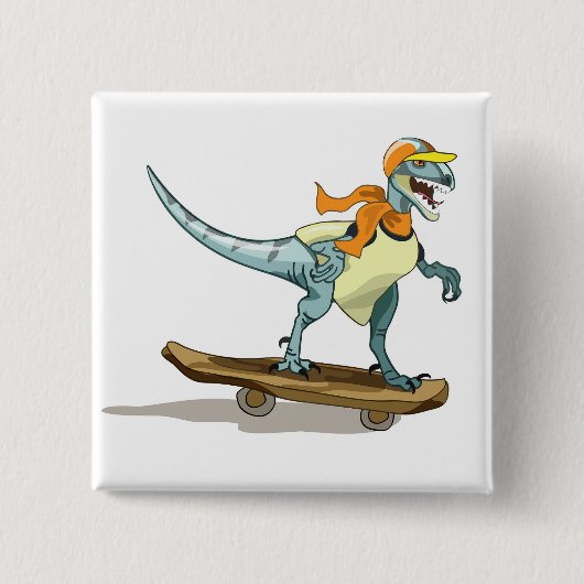 Illustration eines Raptor Skateboarding. Button (Vorderseite)