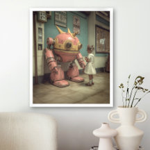 Illustration eines rosa Roboters mit jungem Mädche