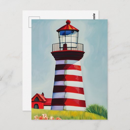 Illustration eines rot-weiß gestreiften Leuchtturm Postkarte (Vorne/Hinten)