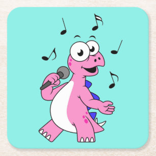 Illustration eines singenden Stegosaurus. Rechteckiger Pappuntersetzer