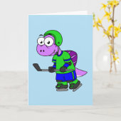 Illustration eines Spinosaurus-Hockeyspielers. Karte (Gelbe Blume)