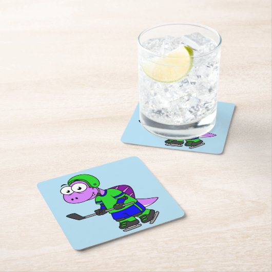 Illustration eines Spinosaurus-Hockeyspielers. Rechteckiger Pappuntersetzer (Vor Ort)