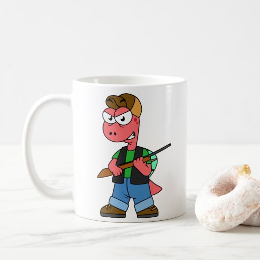 Illustration eines Spinosaurus-Jägers mit Schusswa Kaffeetasse (Mit Donut)