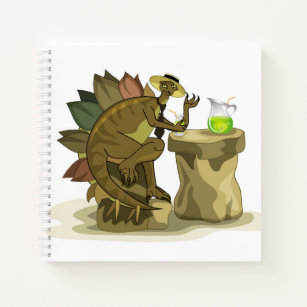 Illustration eines Stegosaurus, der ein Getränk tr Notizblock