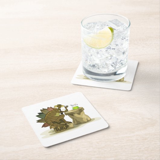 Illustration eines Stegosaurus, der ein Getränk tr Rechteckiger Pappuntersetzer (Vor Ort)