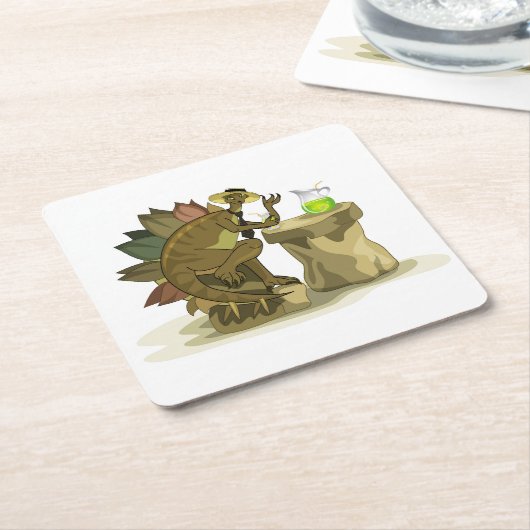Illustration eines Stegosaurus, der ein Getränk tr Rechteckiger Pappuntersetzer (angewinkelt)