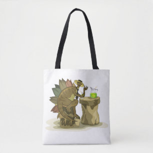 Illustration eines Stegosaurus, der ein Getränk tr Tasche